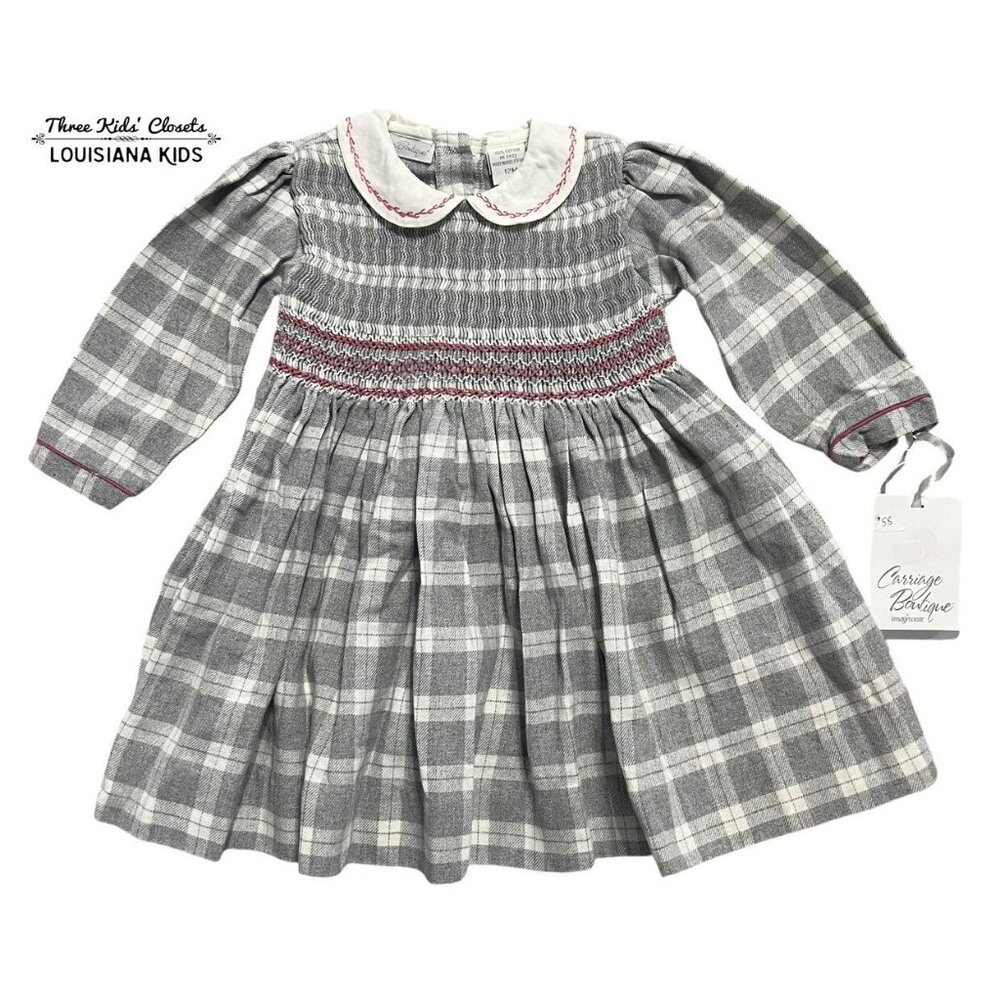 Carriage Boutique 12m Gray & Pink Hand Smocked Plaid Dress